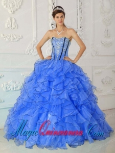 Sweet 15 Quinceanera Dresses In Blue Ball Gown Strapless With Organza Appliques