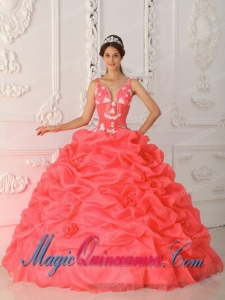 Sweet 15 Quinceanera Dresses In Coral Red Ball Gown Straps With Satin and Organza Appliques