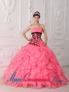 Sweet 15 Quinceanera Dresses In Coral Red Strapless Appliques and Ruffles