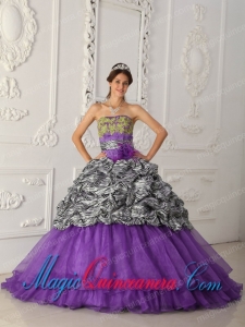 Sweet 15 Quinceanera Dresses In Purple Ball Gown Strapless Chapel Train Zebra and Organza