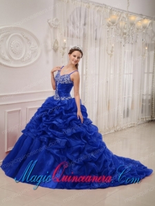 Sweet 15 Quinceanera Dresses In Royal Blue With Spaghetti Straps Court Train Organza Beading