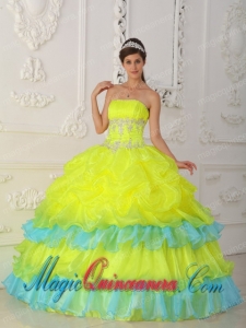 Sweet 15 QuinceaneraDresses In Yellow Ball Gown Strapless With Organza Beading and Ruffles