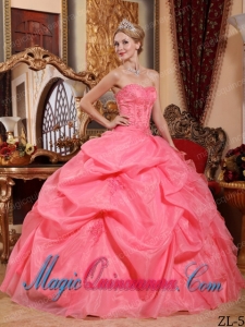Watermelon Ball Gown Strapless Floor-length Organza Appliques Spring Quinceanera Dress