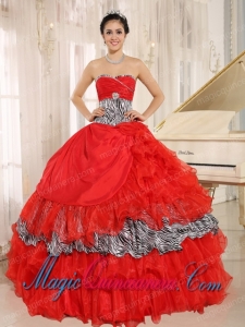 Wholesale Red Sweetheart Ruffles Pretty Quinceanera Dress With Zebra and Beading