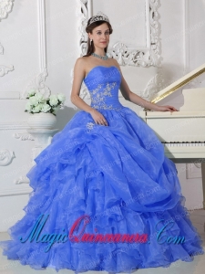 Wonderful Blue Ball Gown Strapless Floor-length Organza Beading Sweet 16 Dresses
