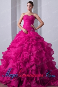 Fuchsia A-Line / Princess Sweetheart Brush Train Organza Beading and Ruffles Spring Quinceanea Dress