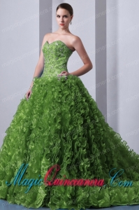 Olive Green A-Line / Princess Sweetheart Brush Train Organza Beading and Ruffles Spring Quinceanea Dress