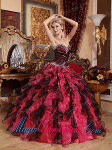 Red and Black Sweetheart Floor-length Organza Beading and Ruffles Spring Quinceanera Dress