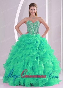 Ball Gown Sweetheart Ruffles and Beading Long Popular Quinceanera Dresses in Green