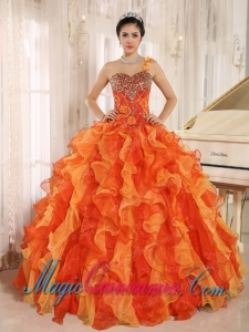 Custom Made Orange One Shoulder Beaded Decorate Ruffles Sweet 15 Quinceanera Dress In Spring