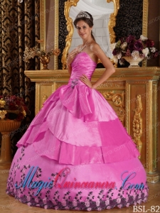 Hot Pink Ball Gown Sweetheart Floor-length Taffeta Appliques Popular Quinceanera Dresses