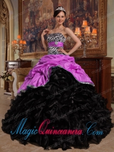 Hot Pink and Black Ball Gown Sweetheart Floor-length Pick-ups Taffeta and Organza Quinceanera Dress