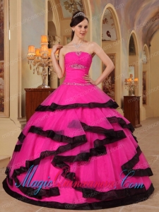Hot Pink and Black Strapless Floor-length Organza Appliques Quinceanera Dress