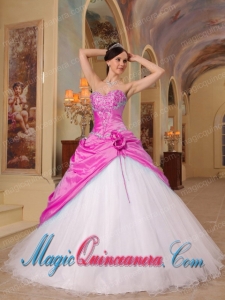 Hot Pink and White A-Line / Princess Sweetheart Floor-length Beading Tulle and Taffeta Quinceanera Dress