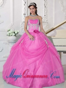 Pink Ball Gown Strapless Floor-length Taffeta and Organza Appliques and Hand Made Flower Quinceanera Dress