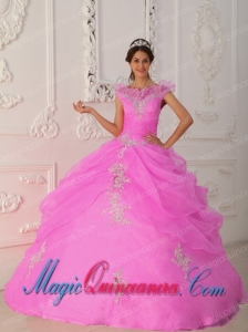 Pink Ball Gown V-neck Floor-length Taffeta and Organza Appliques with Beading Popular Quinceanera Dresses