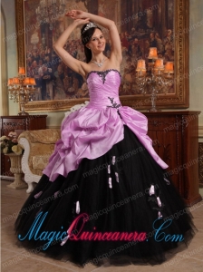 Pink and Black Ball Gown Sweetheart Floor-length Hand Flowers Tulle and Taffeta Quinceanera Dress