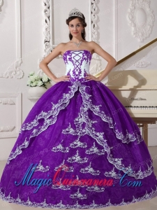 Purple and White Ball Gown Strapless Floor-length Organza Appliques Quinceanera Dress