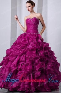 A-Line Vintage Sweetheart Organza Beading and Rufffles Quinceanea Dress in Fuchsia