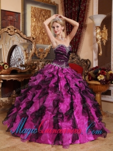 Affordable Fuchsia and Black Sweetheart Floor-length Beading and Ruffles Sweet 16 Dresses