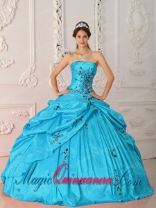 Aqua Blue Ball Gown Strapless Floor-length Taffeta withAppliques Popular Quinceanera Dresses