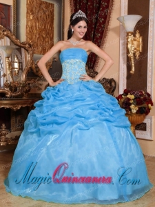 Baby Blue Ball Gown Strapless Floor-length Organza with Appliques Popular Quinceanera Dresses