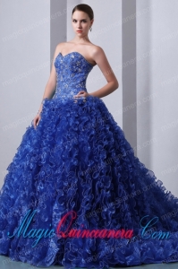 Blue A-Line / Princess Sweetheart Brush Train Organza Beading and Ruffles Popular Quinceanera Dresses