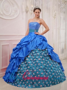 Blue Ball Gown Strapless Floor-length Taffeta Beading Popular Quinceanera Dresses