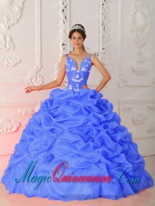 Blue Ball Gown Straps Vintage Satin and Organza Quinceanera Gowns with Appliques