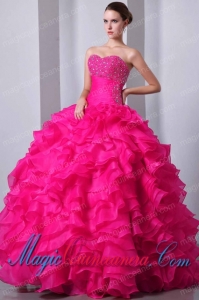 Coral Red A-Line / Princess Sweetheart Floor-length Organza Beading and Ruffles Beautiful Sweet 15 Dresses