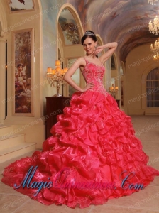 Coral Red Ball Gown Spaghetti Straps Floor-length Organza Embroidery Popular Quinceanera Dresses