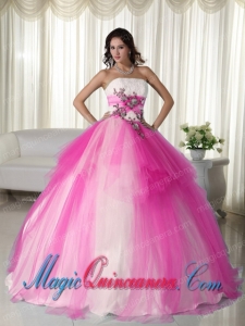 Fabulous Hot Pink Ball Gown Strapless Floor-length Tulle Beading Sweet 15 Gowns