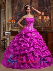 Fuchsia Ball Gown Strapless Floor-length Appliques Taffeta Popular Quinceanera Dresses