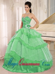 Green Sweetheart Beaded Decorate and Ruched Bodice Ruffled Layeres Popular Quinceanera Dresses