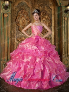 Hot Pink Ball Gown Strapless Floor-length Beading and Ruffles Popular Quinceanera Dresses