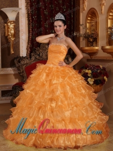 Orange Ball Gown Strapless Floor-length Organza Beading Popular Quinceanera Dresses