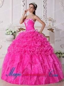 Pink Ball Gown Strapless Floor-length Organza Embroidery with Beading Discount Sweet 15 Dresses