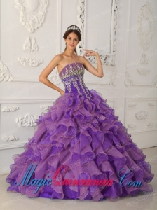 Purple Ball Gown Strapless Floor-length Organza Beading and Appliques Popular Quinceanera Dresses