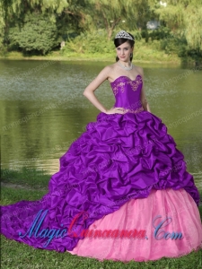 Purple Brush Train Vintage Sweet 15 Dress with Appliques and Pick-ups