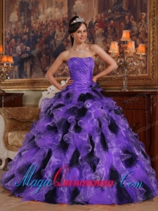 Purple and Black Ball Gown Strapless Floor-length Organza Popular Quinceanera Dresses
