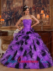 Purple and Black Ball Gown Strapless Organza Vintage Sweet 15 Dresses