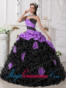 Purple and Black Sweetheart Floor-length Beading and Rolling Flowers Modest Sweet 15 Dresses