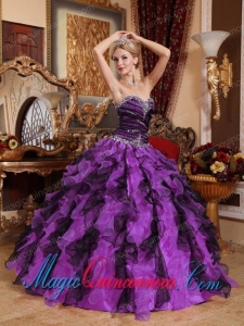 Purple and Black Sweetheart Floor-length Beading and Ruffles Popular Quinceanera Dresses