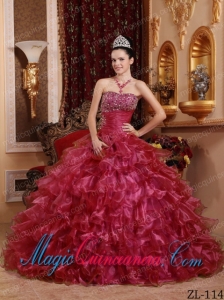 Red Ball Gown Strapless Floor-length Organza Beading Popular Quinceanera Dresses