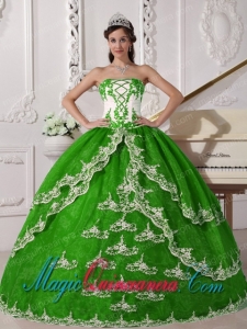 Spring Green and White Ball Gown Strapless Floor-length Organza with Appliques Popular Quinceanera Dresses
