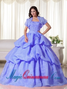 Vintage Blue Ball Gown Strapless Organza Hand Made Flowers Quinceanera Dress