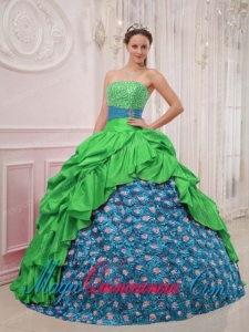 Vintage Green and Blue Ball Gown Strapless Floor-length Sweet 15 Dresses with Beading