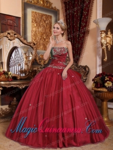 Wine Red Strapless Ball Gown Taffeta and Tulle Appliques Vintage Sweet 16 Gowns