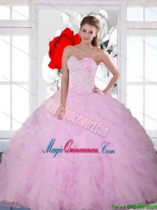 2015 Dramatic Beading and Ruffles Sweetheart Quinceanera Dresses in Baby Pink