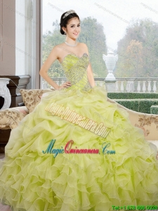 2015 Dramatic Sweetheart Yellow Green Quinceanera Dresses with Ruffles and Pick Ups